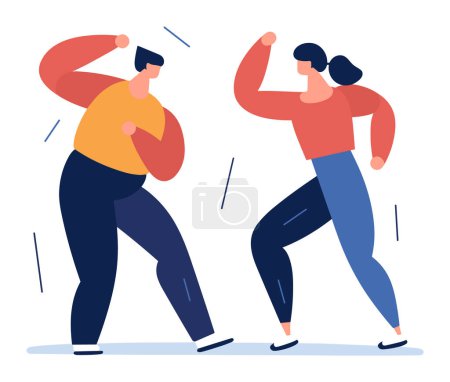Two people dancing energetically, man in orange top, woman in red. Dynamic movement and joyful dance activity. Celebration and fun times vector illustration.