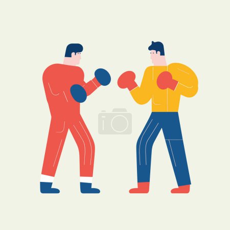 Two cartoon boxers in a fight stance, ready to spar, wearing gloves and boxing attire. Competition and sports training vector illustration.