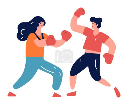 Téléchargez les photos : Deux personnages de dessins animés boxe, hommes et femmes en vêtements de sport engagés dans un combat. Athlètes pratiquant la boxe, montrant le mouvement et l'illustration vectorielle d'énergie. - en image libre de droit
