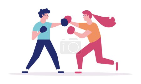 Zwei Comicfiguren in Sportkleidung boxen, eine in blauer Kleidung, die andere in rosa. Fitnesstraining, flacher Design-Stil. Boxtraining, geschlechtsneutrale Sportvektorillustration.