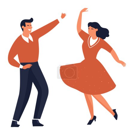 Mann und Frau tanzen fröhlich, Mann in orangefarbenem Hemd, Frau in wallendem Kleid. Elegantes Paar tanzt im Retro-Stil. Fröhlicher Tanzmoment, Swing oder Standardtanz.