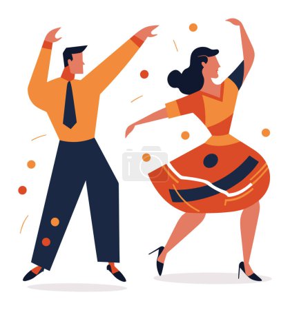 Illustration for Retro style couple dancing energetically. Woman in an orange dress with man in vintage outfit swing dance. Joyful dance moves and leisure activity vector illustration. - Royalty Free Image
