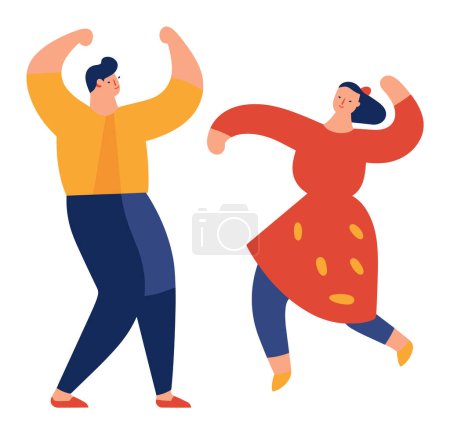 Happy couple dancing joyfully, man in yellow shirt, woman in red dress with polka dots. Smiling dancers enjoying fun time together. Cheerful dance, joyful moments vector illustration.