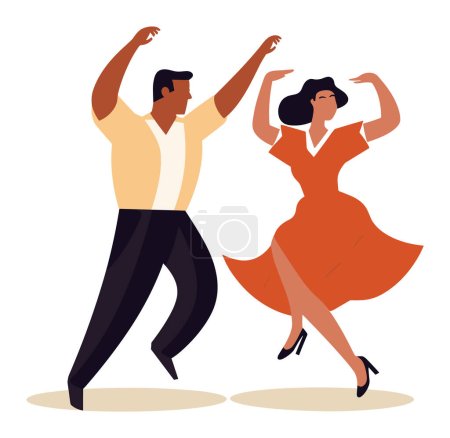 Pareja bailando salsa con ropa elegante. Bailarines latinoamericanos disfrutando de movimientos de pista de baile. Fiesta e ilustración vibrante vector de danza.