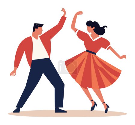 Homme et femme en tenue rétro dansant énergiquement. Couple élégant effectuant un mouvement de danse swing. Fête de danse rétro, illustration vectorielle mode vintage.