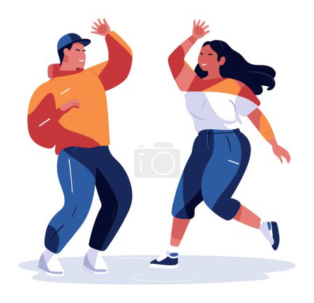 Man and woman dancing joyfully, modern casual attire. Happy, energetic young adults, street dance moves. Friendship and fun concept vector illustration.