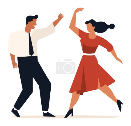 Man and woman dancing salsa or tango together. Elegant couple in formal attire enjoys dance. Latin dance partners in movement vector illustration.