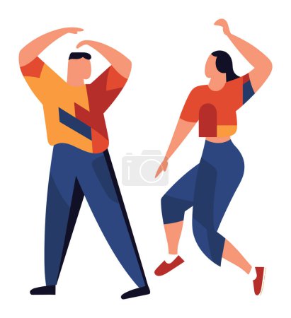 Mann und Frau tanzen fröhlich, bunte Freizeitkleidung. Glückliches Paar beim Tanz, lächelnde Gestalten. Tanzparty, lustige Freizeitaktivitäten.