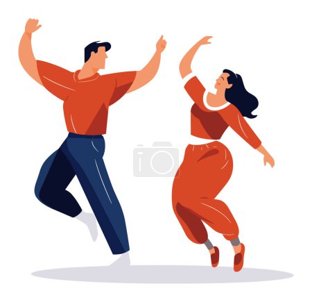 Junger Mann und Frau tanzen fröhlich miteinander. Lässige Kleidung, dynamische Posen, Glück und Energie. Partystimmung, gut gelaunte Freunde feiern Vektorillustration.