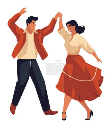 Illustration for Man and woman dancing happily together. Male in casual attire and female in red skirt, joyous dance moves. Retro style dance vector illustration. - Royalty Free Image