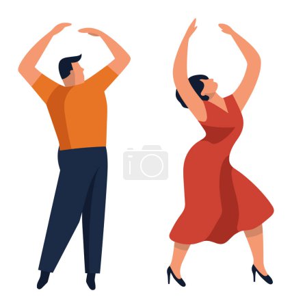 Hombre y mujer en ropa elegante bailando juntos, dama en vestido rojo, caballero en camisa naranja. Pareja disfrutando de la danza movimientos vector ilustración.