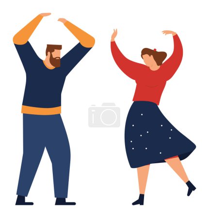 Illustration for Bearded man and woman dancing together, both in casual attire, having fun. Joyful couple performance dance moves, cheerful mood vector illustration. - Royalty Free Image