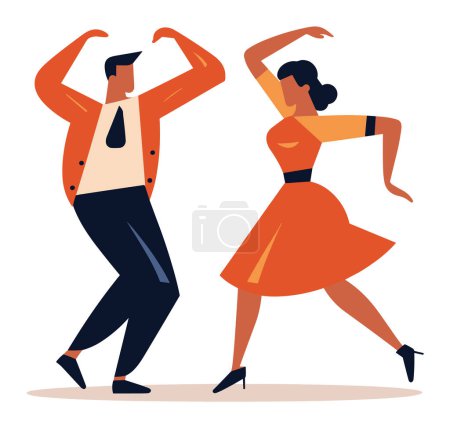 Pareja bailando swing o rock n roll en ropa retro. Hombre y mujer disfrutando de un movimiento de baile, ambiente divertido. Pareja de baile en pose enérgica, ilustración vectorial de estilo vintage.