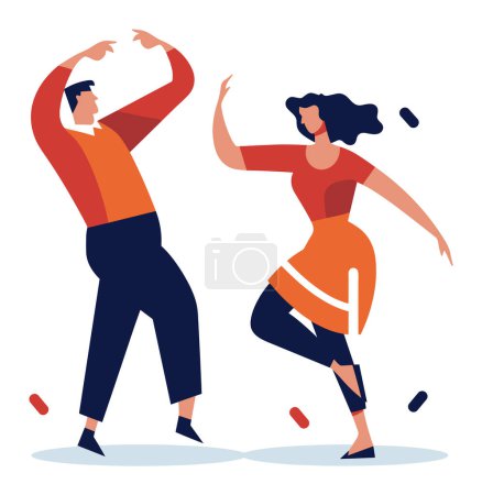 Illustration for Young man and woman dancing energetically, stylish dancers in casual clothes. People enjoying dance, modern dance couple, dynamic movement vector illustration. - Royalty Free Image
