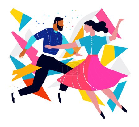 Barbudo hombre y mujer en falda rosa bailando enérgicamente. Pareja alegre realizando un baile animado con fondo abstracto. Movimiento dinámico y diversión partido vibración vector ilustración.