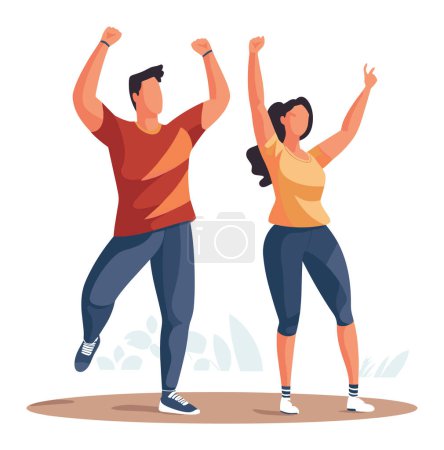 Illustration for Young man woman celebrating success outdoors. Happy energetic couple cheering raised fists. Joyful achievement exciting moment vector illustration - Royalty Free Image