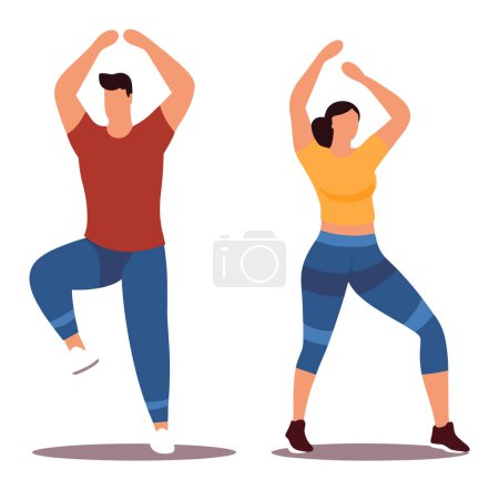 Illustration for Man woman exercising together gym clothes, doing dance workout. People staying fit aerobics routine vector illustration. Healthy lifestyle, dance fitness, workout partners, gym session - Royalty Free Image