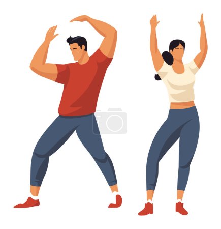 Junge erwachsene männliche Frauen tanzen energisch, beide lässig gekleidet. Fitness-Tanz-Workout, fröhlich aktiver Lebensstil Vektor Illustration