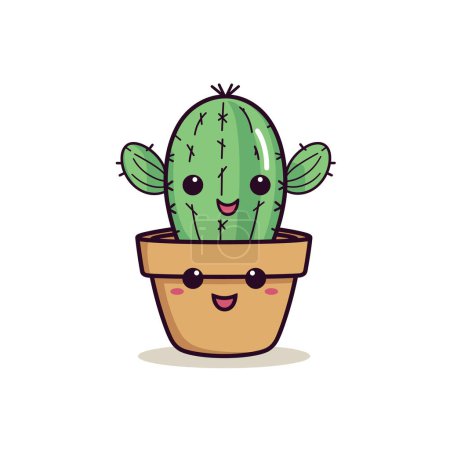 Téléchargez les photos : Mignon cactus dessin animé souriant joyeusement à l'intérieur pot brun. Heureux anthropomorphe plante d'intérieur caractère épines vertes. Illustration de plante souriante décor mignon à la maison convivial - en image libre de droit