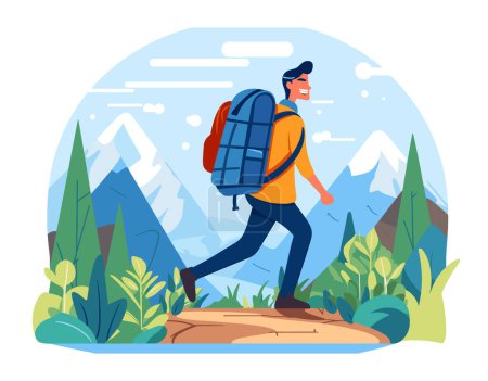 Junge männliche Wanderer, die lächelnd Berge durchqueren, tragen Rucksack, lässige Outdoor-Kleidung. Mann genießt Wanderabenteuer, Wanderweg Bergkette, blauer Himmel. Zeichentrickfigur erkundet die Natur