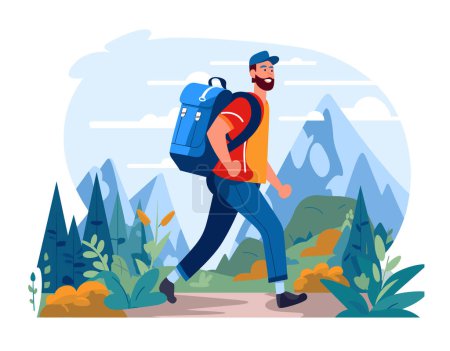 Homme barbu randonnée montagne nature trek. Souriant mâle sac à dos aventure Voyage à l'extérieur. Randonneur explorer les sentiers forêt paysage pittoresque