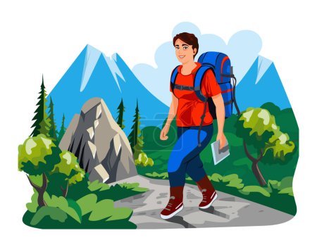 Young male hiker trekking trail mountains nature scene. Smiling backpacker walking outdoor adventure mountainous terrain. Explorer carrying backpack journey hiking among high peaks forested