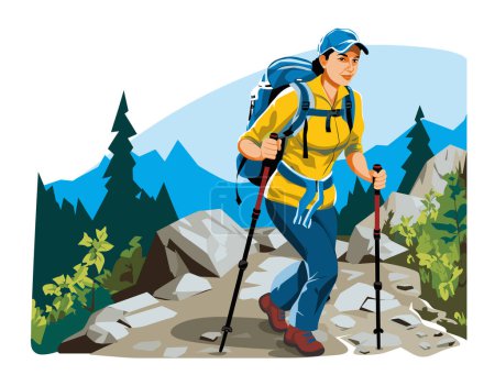 Woman hiker trekking mountains wearing blue cap, yellow jacket, backpack, using trekking poles. Female backpacker enjoys nature hike, active outdoor lifestyle, mountain adventure. Happy trekker