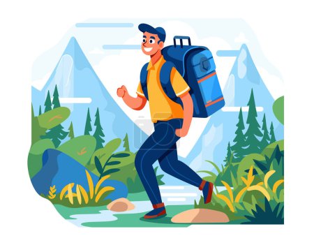 Feliz caminante masculino trekking a través de las montañas, exuberante bosque de fondo, aventura de la naturaleza. Joven sonriendo, caminando con confianza al aire libre, equipado gran mochila azul, atuendo casual de senderismo. Caricatura