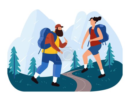 Two hikers trekking mountain path amidst forest scenery, man woman hiking backpacks, outdoor adventure illustration. Young adults exploring nature, couple hiking gear trail, cartoon style depiction