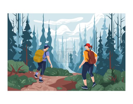 Dos excursionistas trekking a través de densos bosques, mochilas exploradoras masculinas. Pareja disfrutando de la aventura de senderismo, paisaje montañoso fondo. Amantes de la naturaleza sendero, sereno bosque
