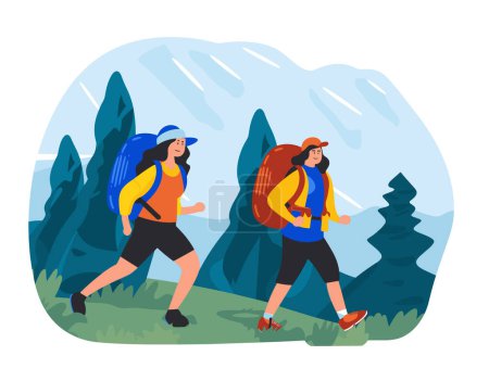 Two female hikers trekking through mountainous landscape, enjoying outdoor adventure, dressed active wear. Women equipped backpacks hats hike through forested area, depicted flat graphic. Nature