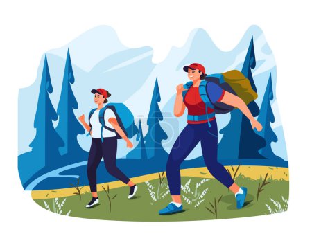 Téléchargez les photos : Deux randonneurs marchant à travers un paysage forestier montagneux. Personnages masculins féminins de dessins animés appréciant l'aventure de randonnée, portant des vêtements de plein air décontractés. Sacs à dos jeunes adultes énergiques explorant la nature - en image libre de droit