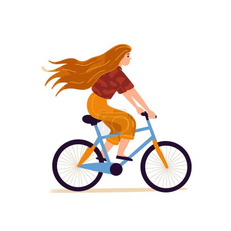 Junge Frau beim Radfahren, lange Haare wallend, legeres Outfit. Radfahrerin genießt Freizeit, leuchtende Farben, dynamische Pose. Aktives Lifestylekonzept, Radfahrerillustration, Gesundheit Fitness