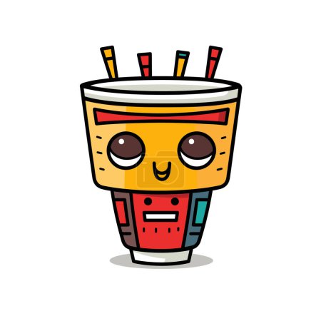 Adorable anthropomorphic cup noodles vector illustration. Cute smiling food character eyes, noodles, colorful cup design isolated white background. Cartoon kawaii noodle character cheerful, doodle