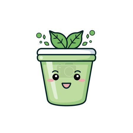 Niedliche grüne Smoothie-Tasse Charakter lächelnd, Blätter Topping, Kawaii-Design. Happy animiertes Getränk, gesundes Lifestyle-Konzept, Cartoon-Stil isoliert weißen Hintergrund. Illustration zu frischen veganen Getränken