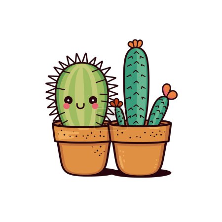 Lindos cactus de dibujos animados sonriendo ollas marrones, personajes de plantas felices. Amistoso cactus ilustración decoración del hogar, verdes plantas espinosas macetas de terracota. Suculentas alegres macetas, plantas de interior estilo de dibujos animados
