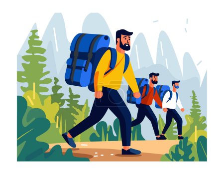 Ilustración de Tres excursionistas masculinos trekking a través del terreno montañoso, figura principal con chaqueta amarilla, mochila azul de gran tamaño. Trío hombres senderismo naturaleza, paisaje bosque montaña fondo, aventureros al aire libre - Imagen libre de derechos