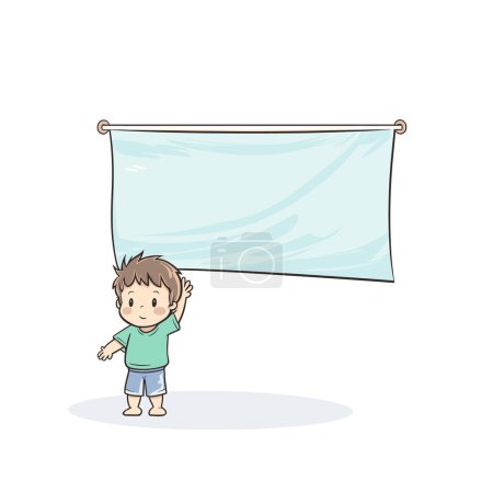 Young cartoon boy standing beside blank banner white background. Child presenting empty space, happy smiling expression. Cute character holding up large sign message, showcasing