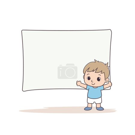 Junge Zeichentrickfigur mit großem leeren Banner, Leerzeichen-Text. Kind mit leerem Schild, fröhlichem Gesichtsausdruck, klare Botschaft. Kleines Kind Freizeitkleidung unmarkierte Werbetafel