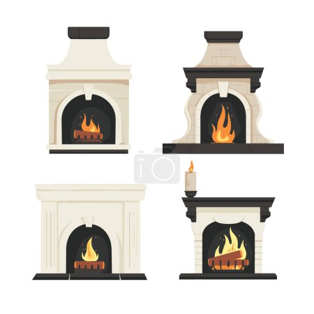 Four different designs fireplace illustrations, featuring fire burning within. Classic modern styles fireplaces represented varying mantels hearths. Graphic elements include flames, wood logs
