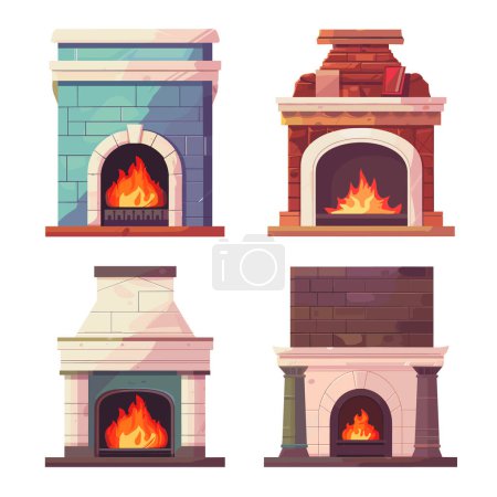 Four different styles fireplaces illustrated warm cozy home interiors. Traditional, modern, classic, rustic fireplace designs, bright flames burning. Isolated white background depicts variety