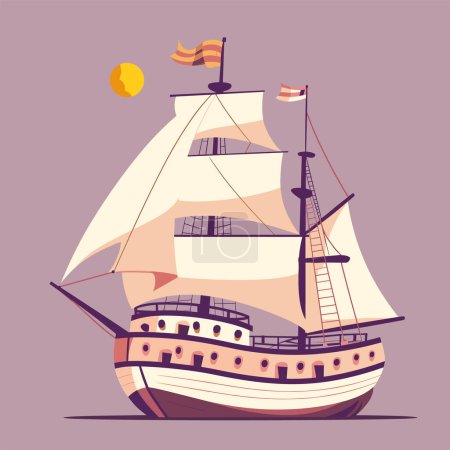 Sailing ship illustration under yellow sun purple sky. Vintage sailboat large sails flags atop masts. Cartoon style sail ship sea voyage, retro design