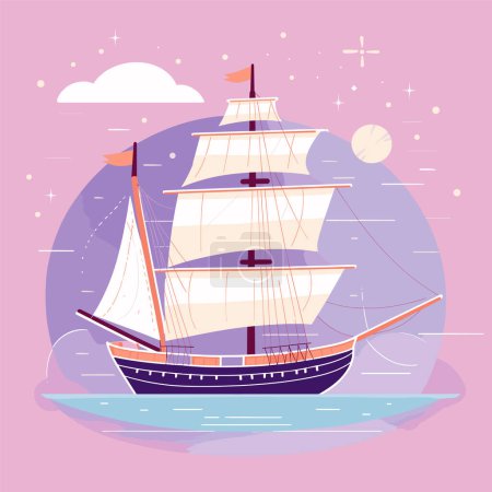 Sailing ship cruising calm ocean under starry sky, twilight hues. Vintage vessel glides peaceful waters, evening sail scene. Historical ship sails serene sea, tranquil night setting, adventure theme