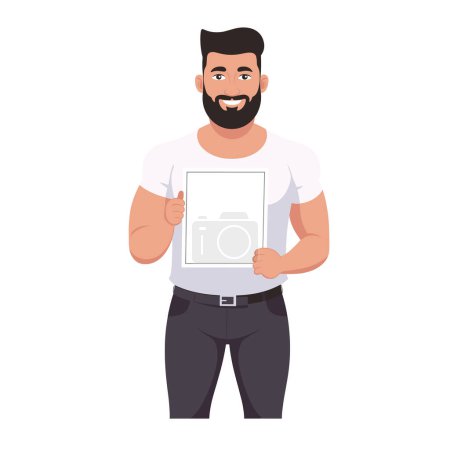 Smiling man holding blank sign ready customization. Casual dressed male presenter showcasing empty frame, happy expression. Confident character beard presenting white space text image