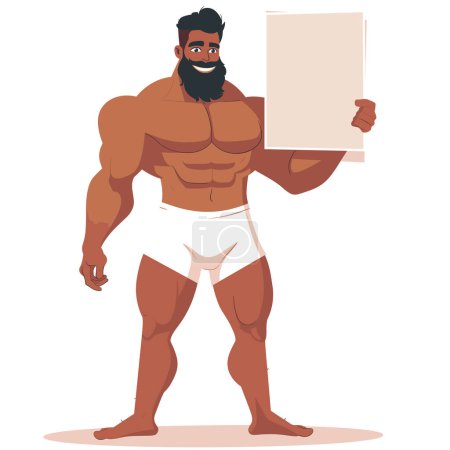 Muscular cartoon character smiling, holding blank sign, fitness advertisement. Illustration bodybuilder presenting board, sports promotion, gym marketing. Strong man beard showcasing empty placard