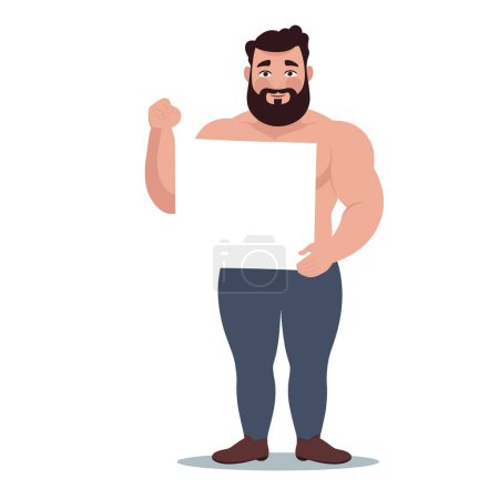Muscular man holding blank sign smiling confidently. Strong male presenting empty placard, space message. Cartoon adult beard show board, fitness promotion