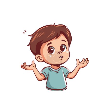Young boy cartoon character looking confused worried. Brown hair, teardrops, blue shirt, shrugging, isolated white background. Expressive facial emotions, unsure situation, curious little kid, hand