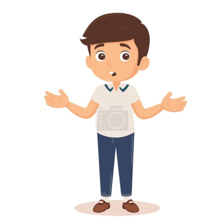 Young boy confused, gesturing unsure, wearing casual clothing. Cartoon kid expressing doubt, brown hair, white shirt, blue pants. Child character animated, questioning posture, standing fulllength