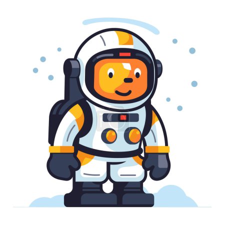 Astronauta ilustración de dibujos animados, alegre, traje espacial, de pie, casco naranja. Aventura de los niños, tema de exploración espacial, personajes juegan astronautas, diseño gráfico. Las nubes indican la puesta del cielo