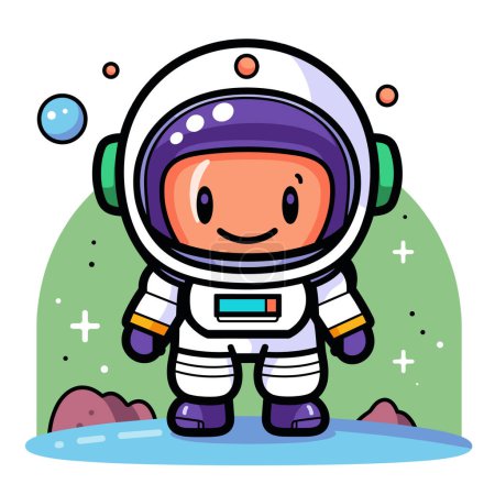 Illustration for Childlike astronaut cartoon character smiling, standing foreign planet surface, suit helmet, vibrant purple white, stars, planets, green alien landscape. Cute explorer, child astronaut - Royalty Free Image